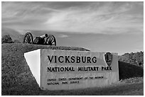 Entrance sign and cannon, Vicksburg National Military Park. Vicksburg, Mississippi, USA ( black and white)