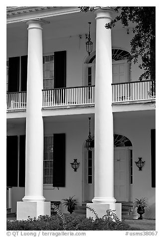 Columns on facade of Rosalie. Natchez, Mississippi, USA (black and white)