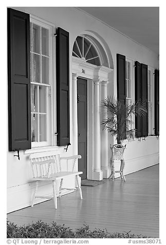 Porch of Griffith-McComas house. Natchez, Mississippi, USA (black and white)