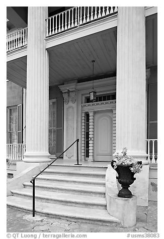 Entrance stairs, door, and columns, Magnolia Hall. Natchez, Mississippi, USA