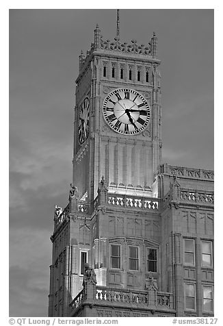 Art Deco clock tower at dusk. Jackson, Mississippi, USA (black and white)