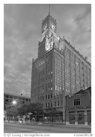Art Deco building with clock tower at dusk. Jackson, Mississippi, USA (black and white)