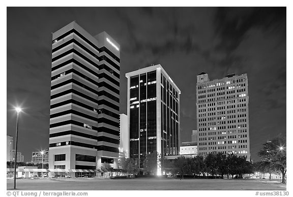 Downtown High rise buildings at night. Jackson, Mississippi, USA (black and white)