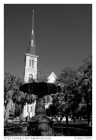 Fountain on Marion Square and church. Charleston, South Carolina, USA