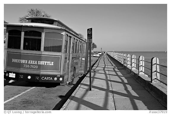 Waterfront promenade with shuttle bus. Charleston, South Carolina, USA