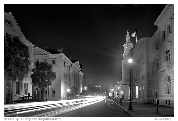 Four Corners of Law (church, courthouses, city hall) at night. Charleston, South Carolina, USA (black and white)