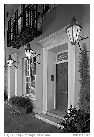 House facade with gas lamps. Charleston, South Carolina, USA (black and white)
