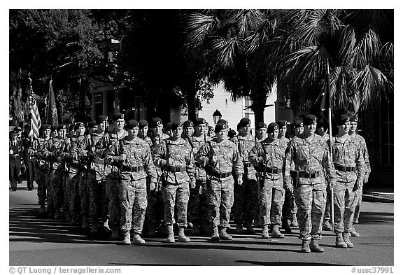 Army men marching during parade. Beaufort, South Carolina, USA (black and white)