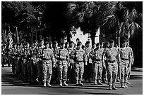 Army men marching during parade. Beaufort, South Carolina, USA (black and white)