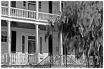 Facade with balconies, columns, and spanish moss. Beaufort, South Carolina, USA (black and white)