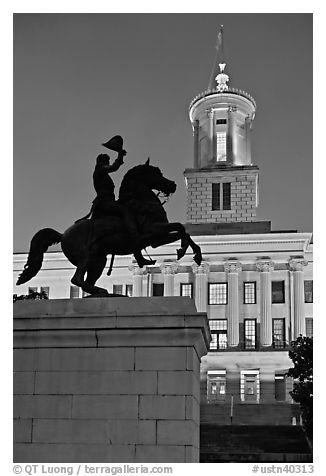 Jackson statue and Tennessee State Capitol by night. Nashville, Tennessee, USA (black and white)