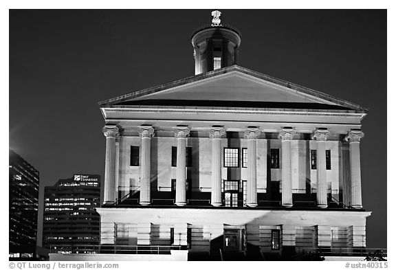 Greek Revival style Tennessee State Capitol by night. Nashville, Tennessee, USA (black and white)