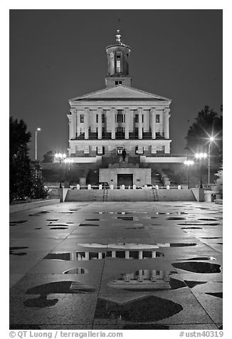 State Capitol and reflectoins by night. Nashville, Tennessee, USA (black and white)