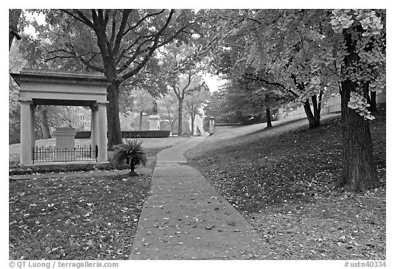 Path and memorial in gardens of state capitol. Nashville, Tennessee, USA (black and white)