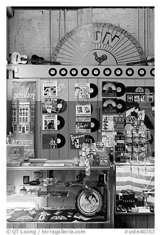 Vinyl records on display, Sun record company. Nashville, Tennessee, USA (black and white)