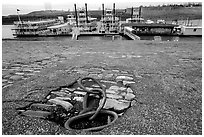 Riverfront, anchoring ring and riverboats. Memphis, Tennessee, USA ( black and white)