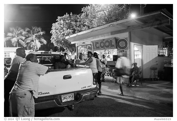 Pick-up truck and bar at night, Cruz Bay. Saint John, US Virgin Islands (black and white)