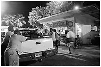 Pick-up truck and bar at night, Cruz Bay. Saint John, US Virgin Islands ( black and white)