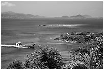 Car barge approaching harbor. Saint John, US Virgin Islands ( black and white)
