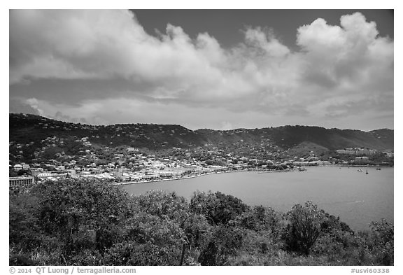 Charlotte Amalie harbor seen from Hassel Island. Saint Thomas, US Virgin Islands (black and white)