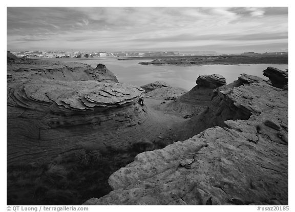 Sandstone swirls and Lake Powell, Glen Canyon National Recreation Area, Arizona. USA (black and white)