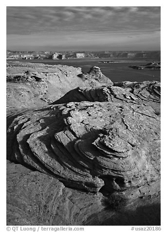 Rock Swirls and Lake Powell, Glenn Canyon National Recreation Area, morning. USA (black and white)