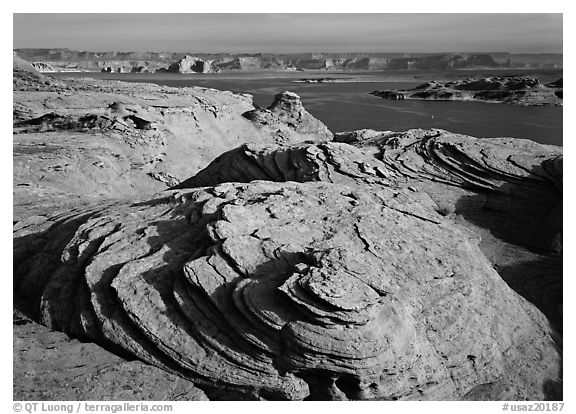 Sandstone Swirls and Lake Powell, Glen Canyon National Recreation Area, Arizona. USA (black and white)