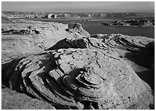 Sandstone Swirls and Lake Powell, Glen Canyon National Recreation Area, Arizona. USA (black and white)