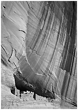 White House Ancestral Pueblan ruins and wall with desert varnish. Canyon de Chelly  National Monument, Arizona, USA (black and white)