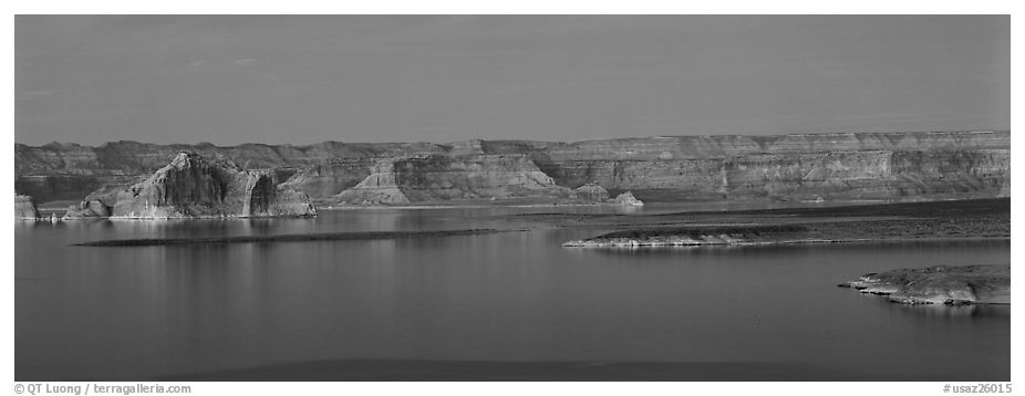 Dusk scenery with mesas and Lake Powell, Glen Canyon National Recreation Area, Arizona. USA (black and white)