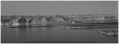 Dusk scenery with mesas and Lake Powell, Glen Canyon National Recreation Area, Arizona. USA (Panoramic black and white)