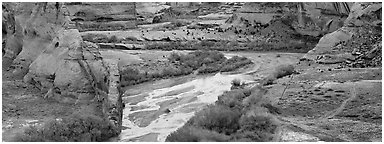 Canyon landscape with cultivated fields. Canyon de Chelly  National Monument, Arizona, USA (Panoramic black and white)
