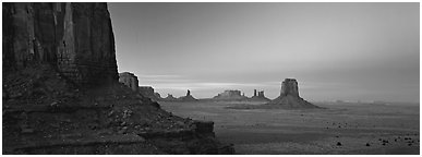 Monument Valley scenery at dusk. Monument Valley Tribal Park, Navajo Nation, Arizona and Utah, USA (Panoramic black and white)