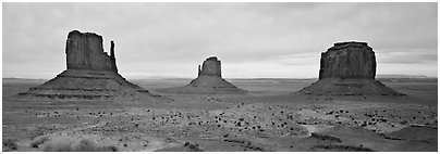 Monument Valley landscape and mittens. Monument Valley Tribal Park, Navajo Nation, Arizona and Utah, USA (Panoramic black and white)