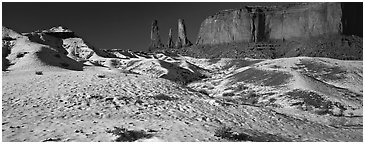 Monument Valley landscape with snow. Monument Valley Tribal Park, Navajo Nation, Arizona and Utah, USA (Panoramic black and white)