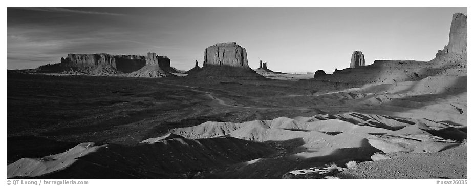 Monument Valley late afternoon scenery with shadows. Monument Valley Tribal Park, Navajo Nation, Arizona and Utah, USA (black and white)