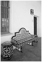 Ceramic bench in the courtyard, San Xavier del Bac Mission. Tucson, Arizona, USA (black and white)