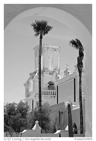 Arch and North Court, San Xavier del Bac Mission (the White Dove of the Desert). Tucson, Arizona, USA (black and white)