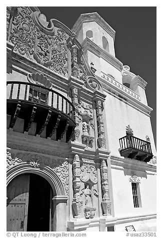 Facade and tower, San Xavier del Bac Mission. Tucson, Arizona, USA (black and white)