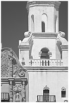 Facade detail and tower, San Xavier del Bac Mission. Tucson, Arizona, USA (black and white)