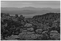 Spires at dusk from from Massai Point. Chiricahua National Monument, Arizona, USA (black and white)