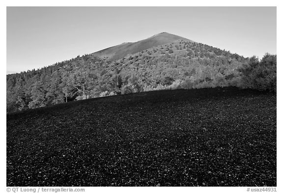 Cinder and Sunset Crater at sunrise, Sunset Crater Volcano National Monument. Arizona, USA (black and white)