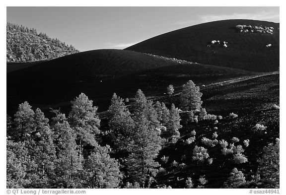 Volcanic landscape with cinder domes. Sunset Crater Volcano National Monument, Arizona, USA (black and white)