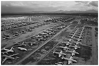 Aerial view of rows of retired military aircraft. Tucson, Arizona, USA ( black and white)