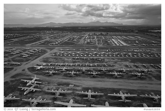 Aerial view of vast field of retired military aircraft. Tucson, Arizona, USA (black and white)