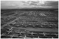 Aerial view of vast field of retired military aircraft. Tucson, Arizona, USA ( black and white)