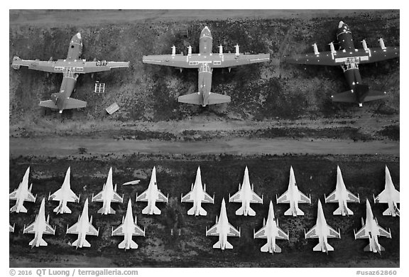 Aerial view of military aircraft. Tucson, Arizona, USA (black and white)