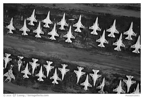 Aerial view of rows of fighter jets. Tucson, Arizona, USA (black and white)