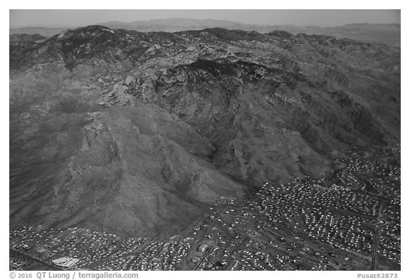 Aerial view of Tucson outskirts and Rincon Mountains. Tucson, Arizona, USA (black and white)