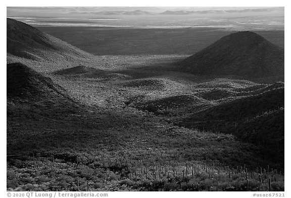 Afternoon shadows on the slopes of Table Mountain. Sonoran Desert National Monument, Arizona, USA (black and white)